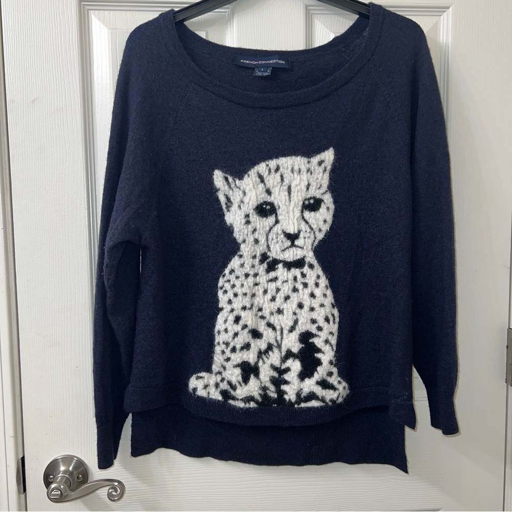 French Connection cheetah graphic wool blend novelty sweater top size Large